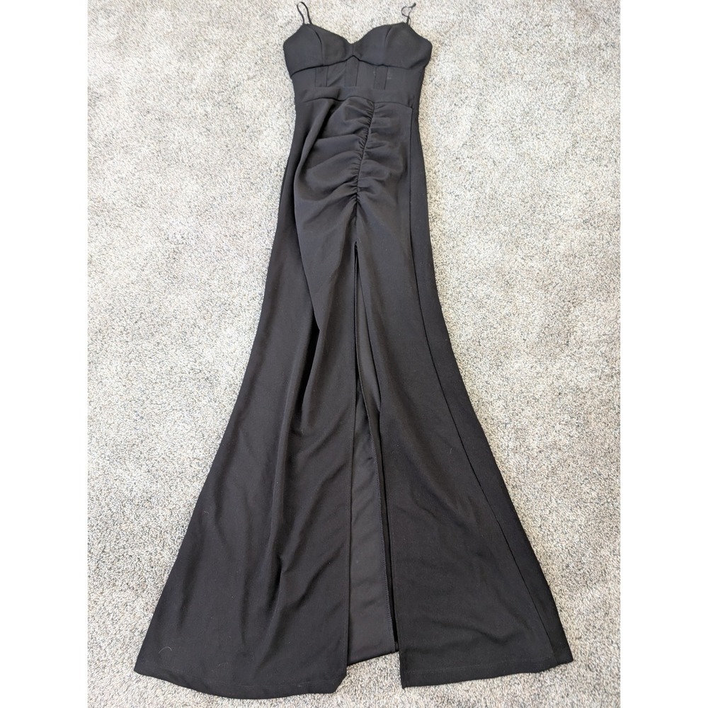 Windsor Black Ruched Maxi Dress Mesh Corset Sweetheart Slit Formal Gown XS‎